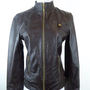 ARDEN B BROWN LEATHER ZIP MOTO lamb LEATHER JACKET S New